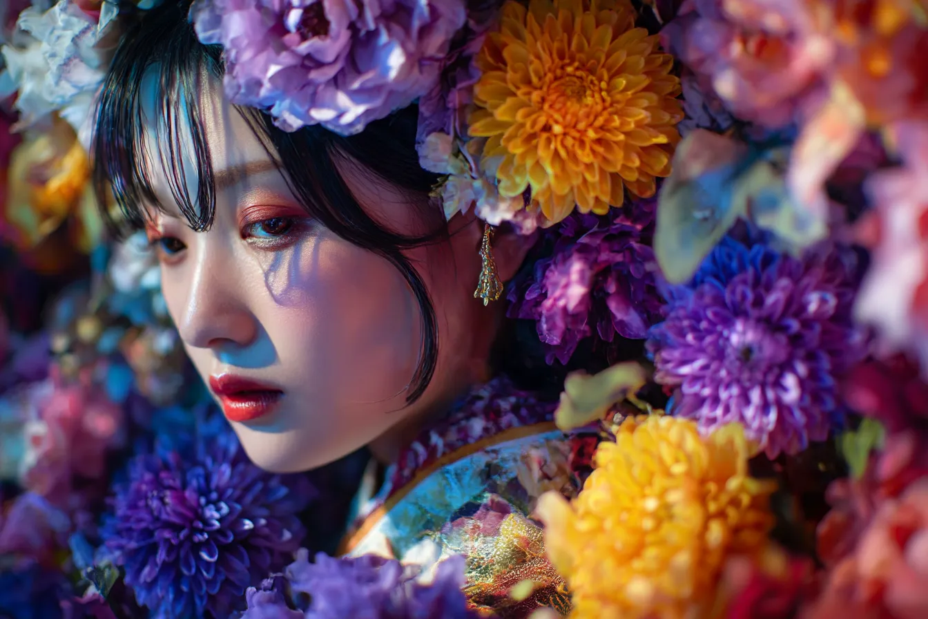 花背景と横顔の華やかな女性｜色とりどりの花に包まれた花背景が圧倒的な装飾性を生み、人物の横顔を劇的に際立たせるビジュアルがアート感を高める。