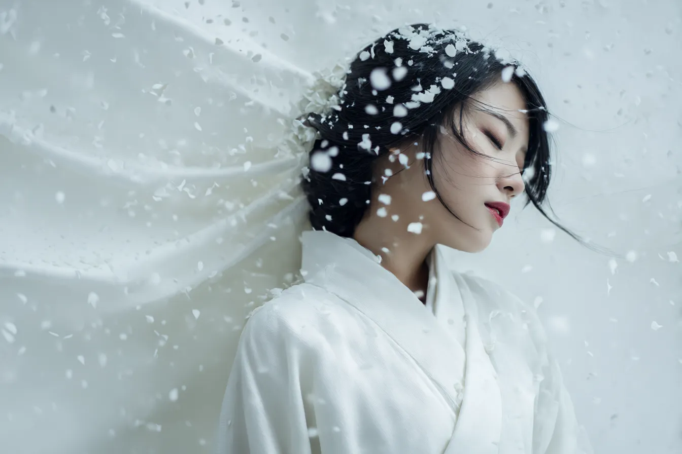 白無垢姿の女性と花吹雪背景｜柔らかく舞う花びらが動きを与え、白無垢の女性が幻想的な余韻を残す。白の純粋さが背景全体を優しく染める。