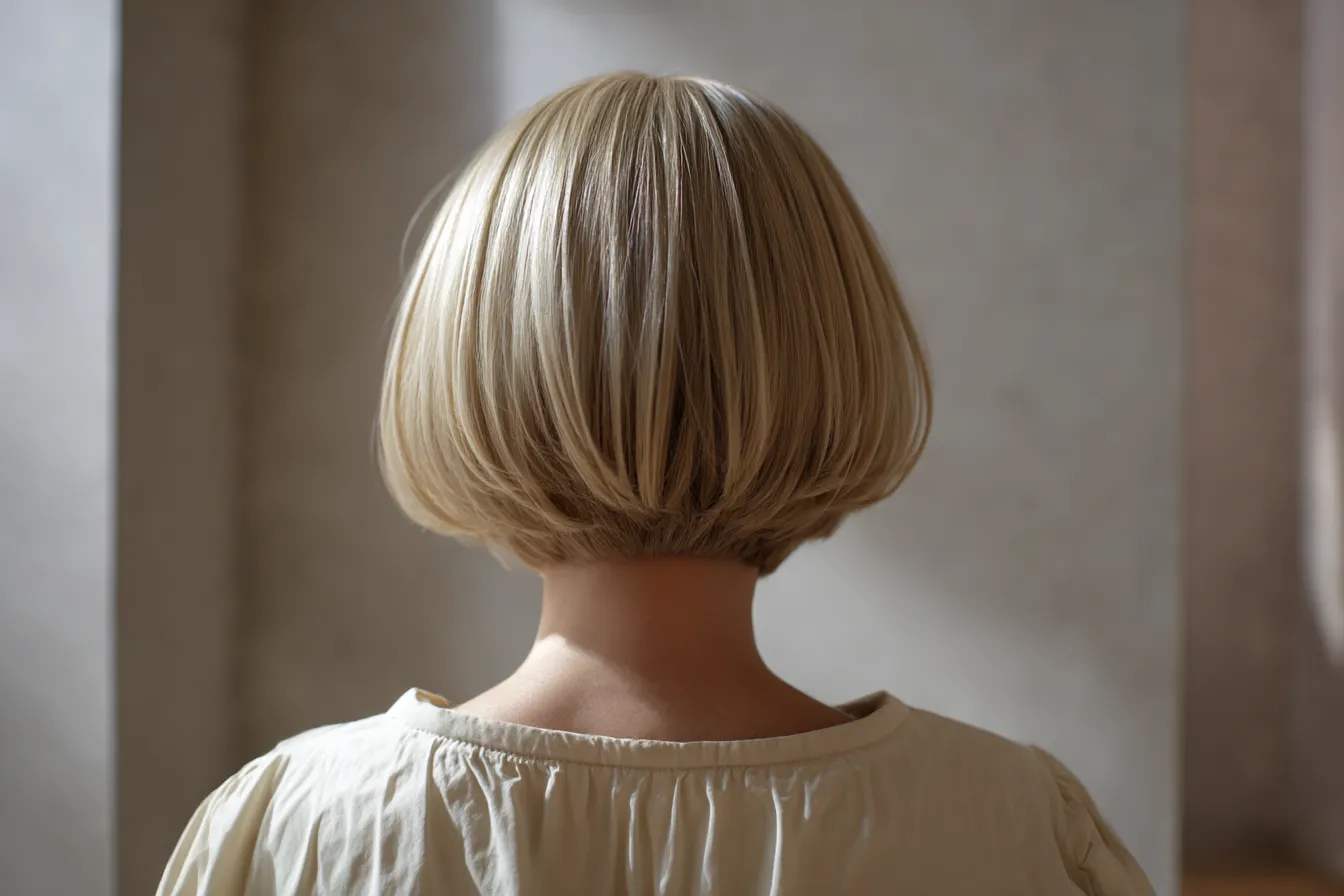 ボブヘアの後ろ姿とアイボリー背景｜自然光に照らされた髪の艶感と柔らかなアイボリーの背景が調和し、静かな温度感を持つスタイル素材として秀逸。
