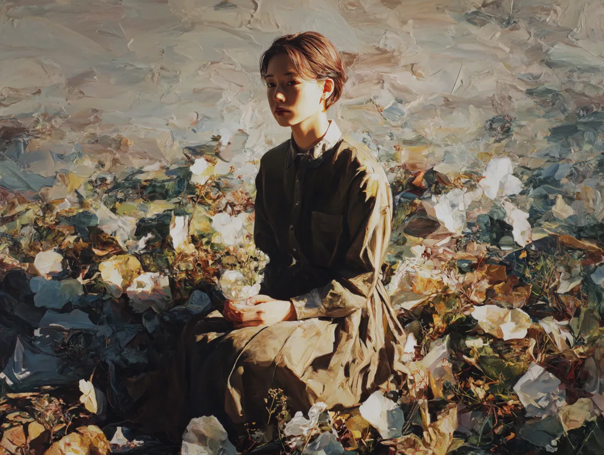 少女とアイボリーの花畑背景｜厚塗りの油彩風タッチが特徴的な構図。アイボリーの花々と褐色の衣服が穏やかな郷愁を感じさせる背景素材。