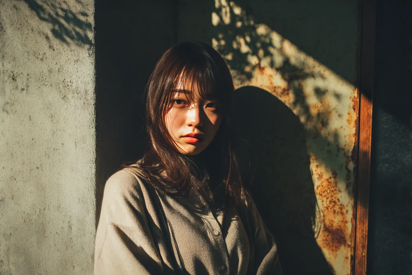 逆光の女性とベージュの背景｜夕陽に照らされた表情が印象的で、壁の質感と光の影がベージュの背景に奥行きを与えるノスタルジックな印象。