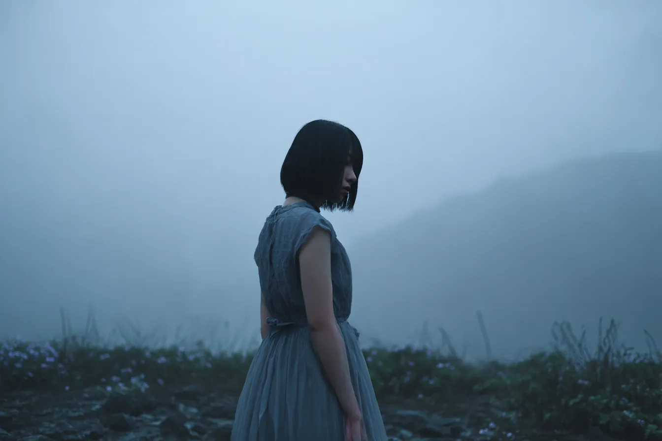 灰色背景にたたずむ少女｜霧に包まれた山中に立つ少女をモチーフにした写真素材。灰色の背景が静寂と幻想を演出し、柔らかな光と繊細な衣装が物語性を感じさせる。