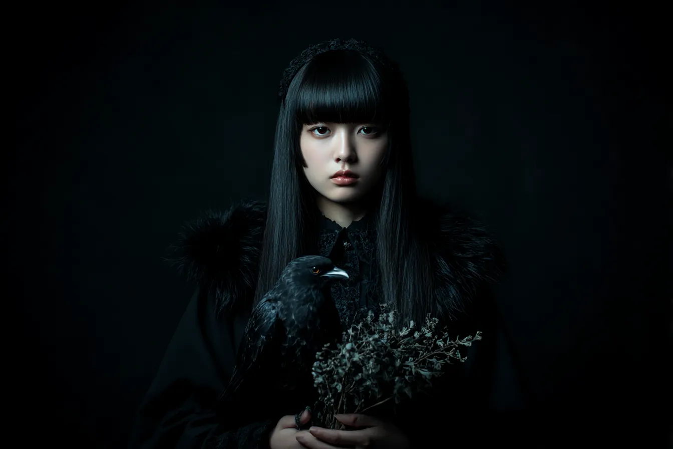 黒衣の少女と闇に浮かぶ背景｜黒の衣装に包まれた少女が漆黒の背景に佇み、背景に溶け込むような構図が神秘性と静寂を強調している。