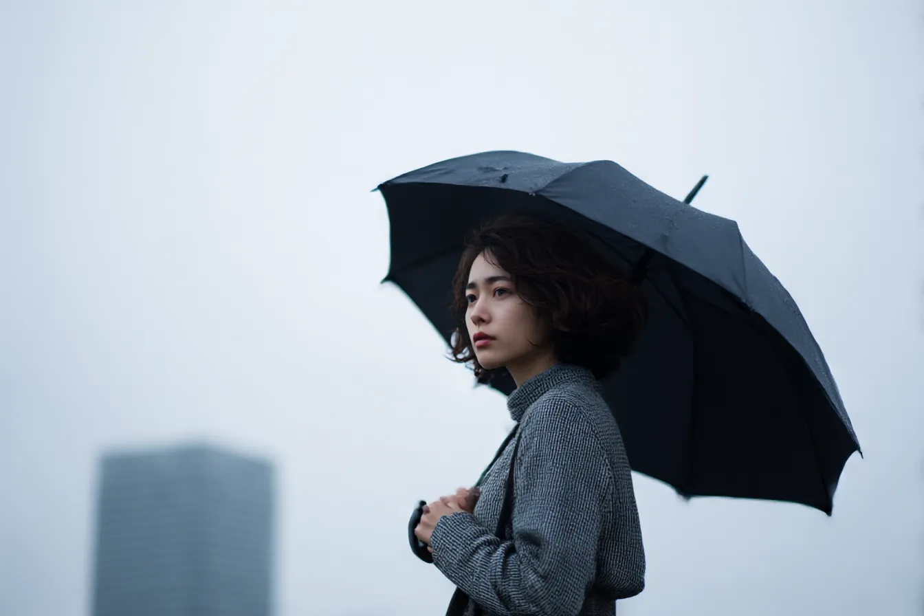 灰色背景と傘の女性｜曇天の都市風景を背景に、傘を差した女性を描いた構図。灰色の空とビルが都会の孤独感を表し、落ち着いたトーンでシックな雰囲気を放つ。