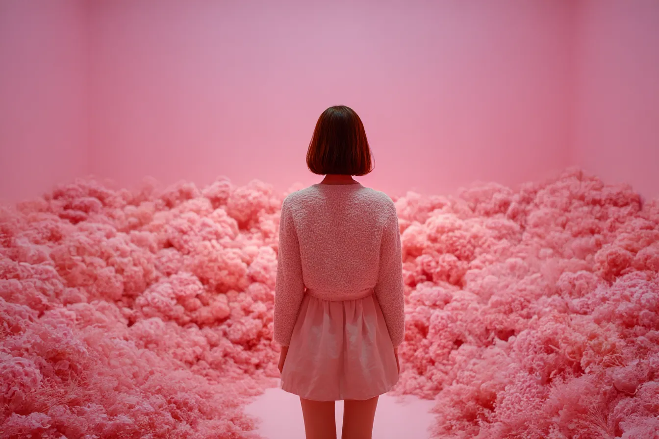 ピンク背景にたたずむ少女｜室内に咲き誇る花のような柔らかい質感のピンク背景が印象的な構成。少女の後ろ姿が夢の中にいるような幻想的な世界観を演出する。