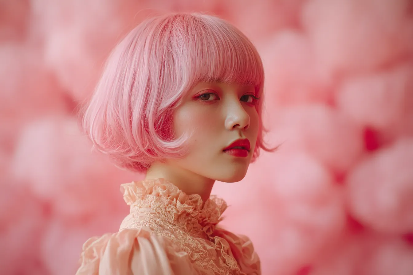 ピンク背景と見つめる少女｜ピンク色に包まれた背景と髪色が調和した構図で、ガーリーで洗練された印象を与える。視線の強さと背景の柔らかさが対比を生む。