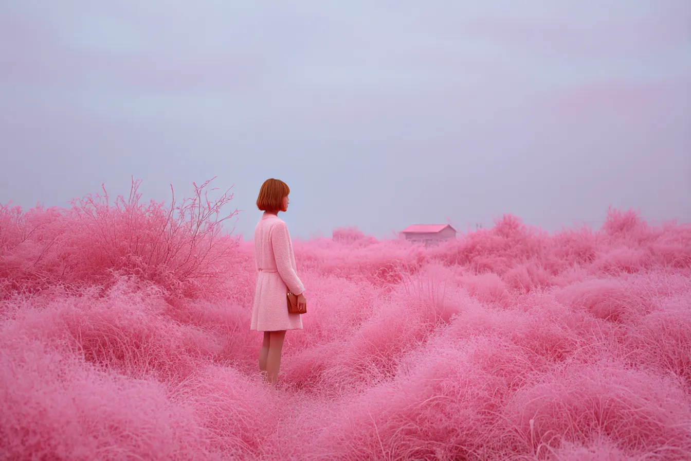 ピンク背景と遠くを見る女性｜広がる自然の中に立つ女性を描いた構図で、一面のピンクが非日常的な雰囲気を作り出す。色調が統一され、静謐な印象を与える。