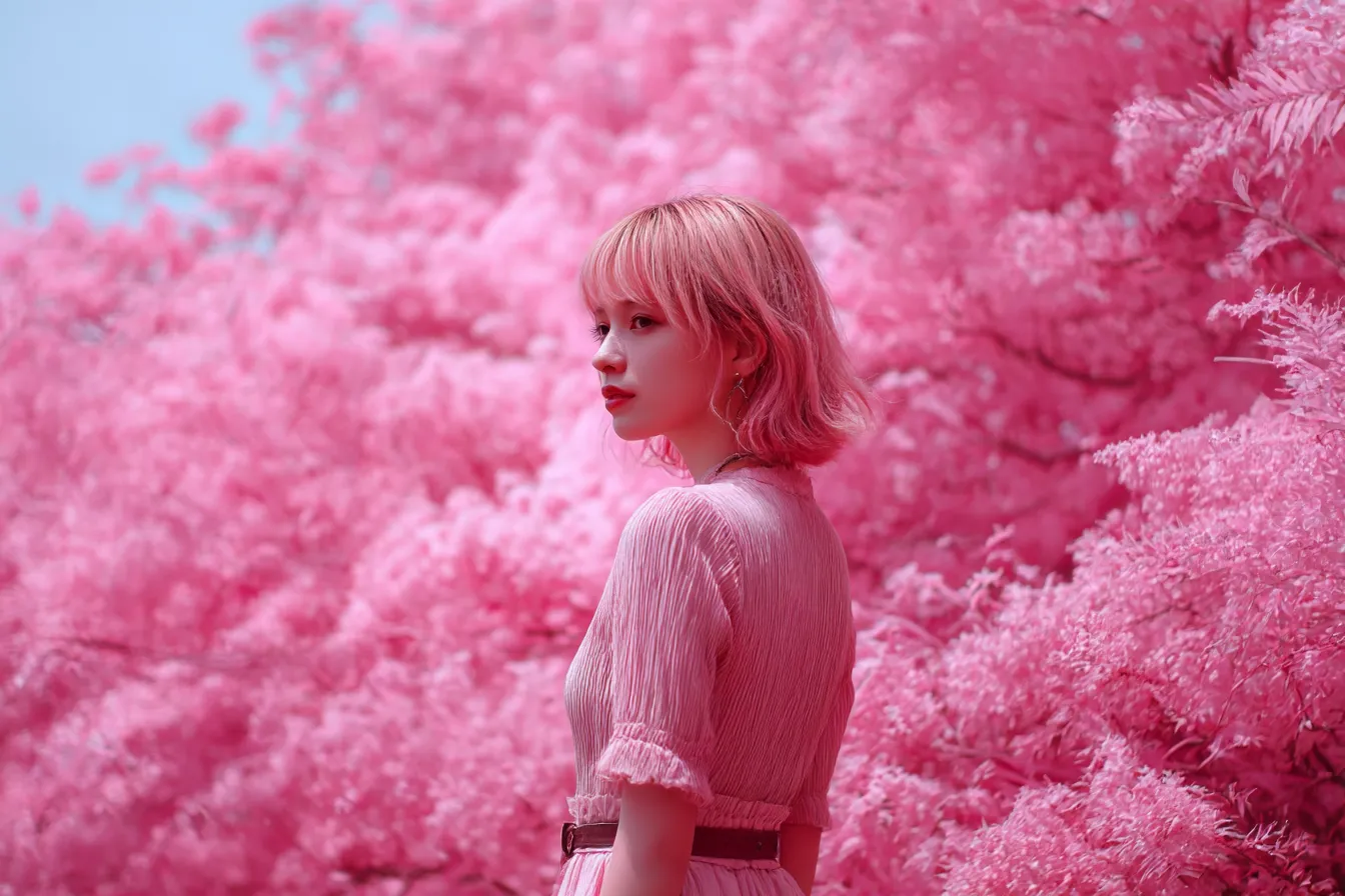 ピンク背景に振り向く女性｜自然の中の豊かなピンク色彩が背景として広がり、女性の存在感をやさしく引き立てる。光の表現により柔らかさと奥行きを持つ。