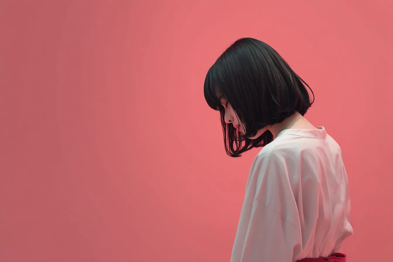 ピンク背景にうつむく女性｜シンプルなピンクの背景が感情を際立たせる構図。控えめなポーズと淡い照明が静かな内面世界を感じさせる背景素材。