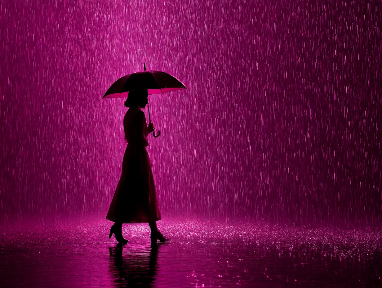 マゼンタ背景と雨の中の女性｜強いマゼンタ背景に降りしきる雨が印象的な構成。シルエット表現によりミステリアスで幻想的な人物像を際立たせる素材になっている。