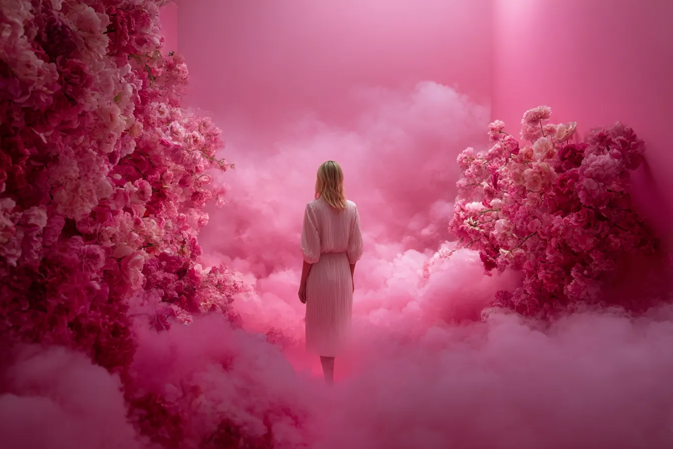 マゼンタ背景と花に包まれた女性｜幻想的な雲と花が広がるマゼンタ背景に女性が立つ構図。立体感のある演出が空想的な雰囲気を高め、華やかさと静けさを両立する。