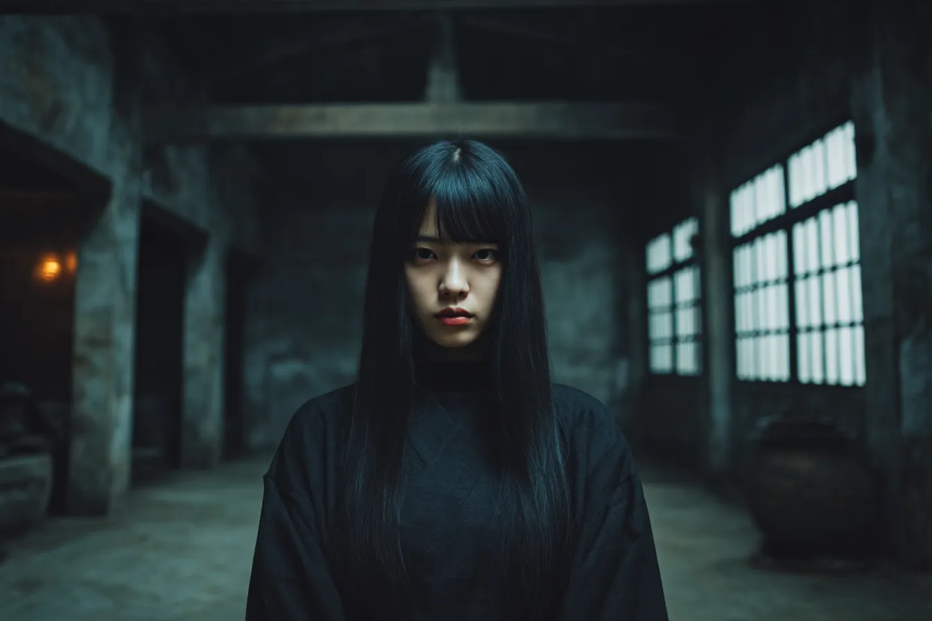 黒髪の怒りと廃墟背景｜荒廃した建物を背景に、強い視線を放つ少女が黒の衣装で存在感を示し、内なる激情と背景の静けさが交錯する。
