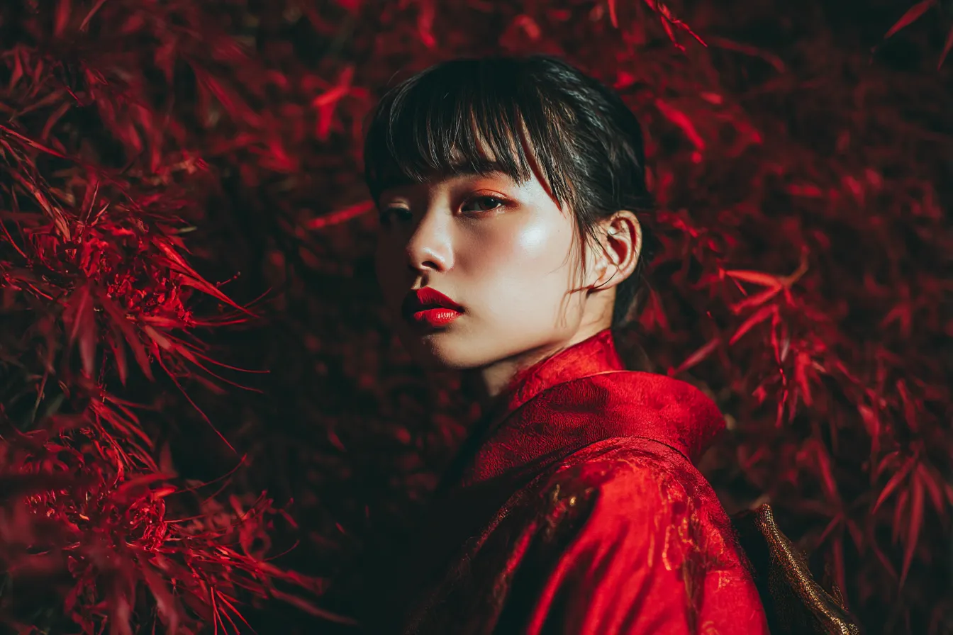 赤背景にたたずむ和装の女性｜鮮やかな赤背景に染まる紅葉と和装の女性が調和し、日本的でドラマチックな美を強く印象づけるシネマライクな構図。