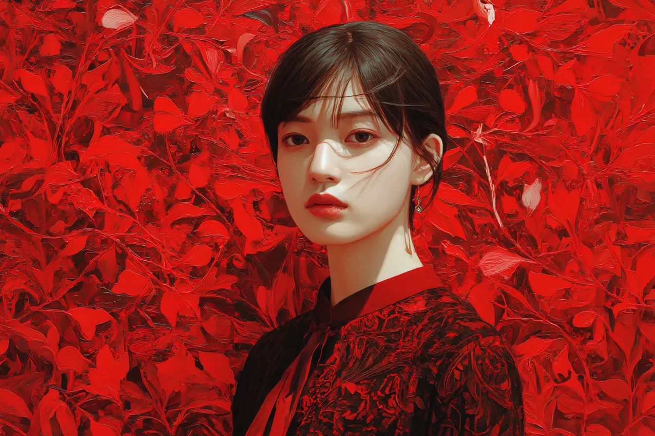 赤背景と正面を向く女性｜筆致感のある赤背景が絵画的な質感を生み、表情の静けさと調和する構成。女性の存在が抽象的な空間に際立つビジュアル。