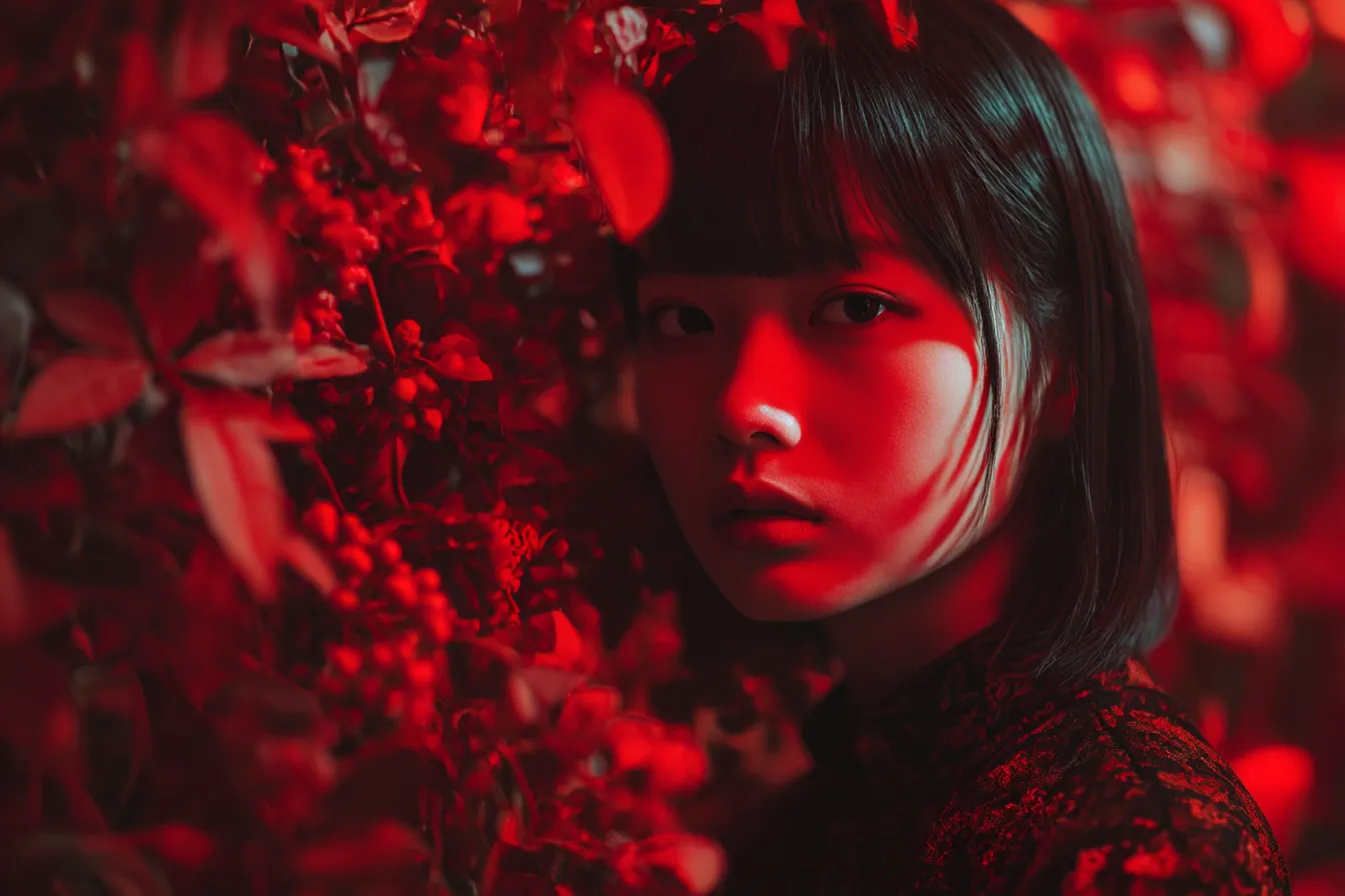 赤背景に寄り添う横顔の女性｜深い赤背景の中に自然物と人物が溶け込むように表現され、神秘的な陰影と目線が見る者を引き込む構図となっている。