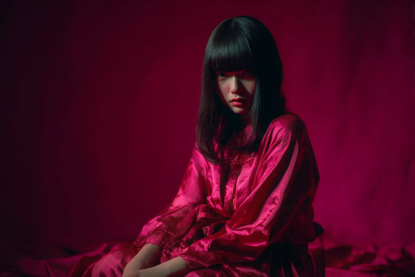 赤背景に座る女性モデル｜布地のような赤背景と光沢ある衣装がリンクし、女性の存在感と静かな緊張感を演出するスタジオ調のビジュアル素材。
