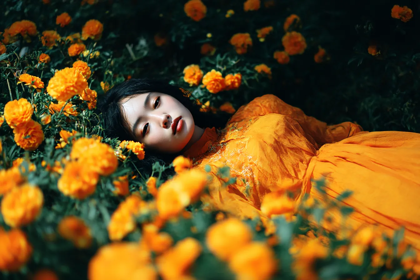 オレンジ背景に横たわる女性｜咲き乱れる花々の中に横たわる女性を中心に、オレンジ背景が自然と融合し、鮮やかでエモーショナルな構図を生み出している。