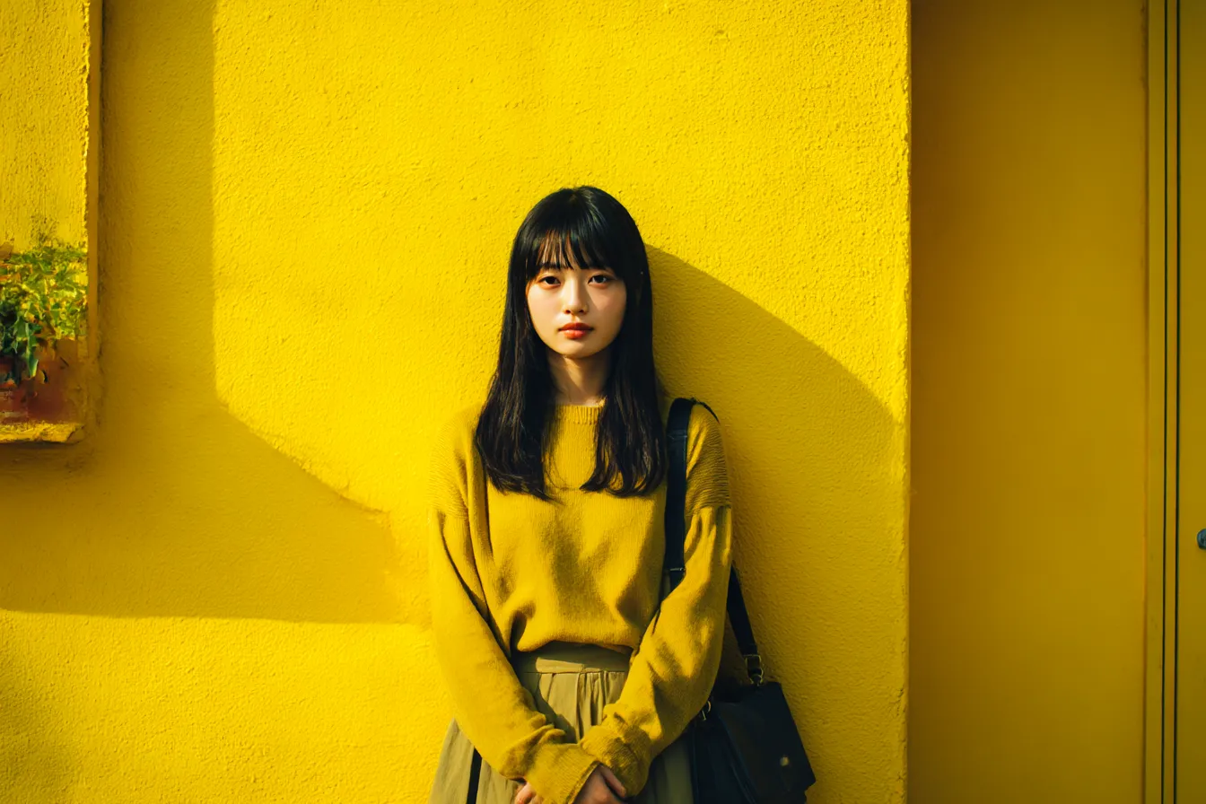 黄色背景に立つ女性｜壁面全体を覆う鮮烈な黄色背景が目を引く構成。自然光と影のコントラストが印象的で、明るくも落ち着いた雰囲気を感じさせる。