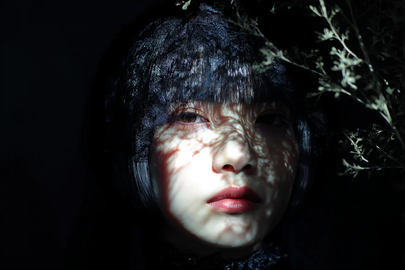 黒いレースと光影背景の密やかさ｜繊細なレースと植物の影が顔に落ち、黒の世界の中に微かな光を感じさせる。背景の光と影が詩的な空気を生む。