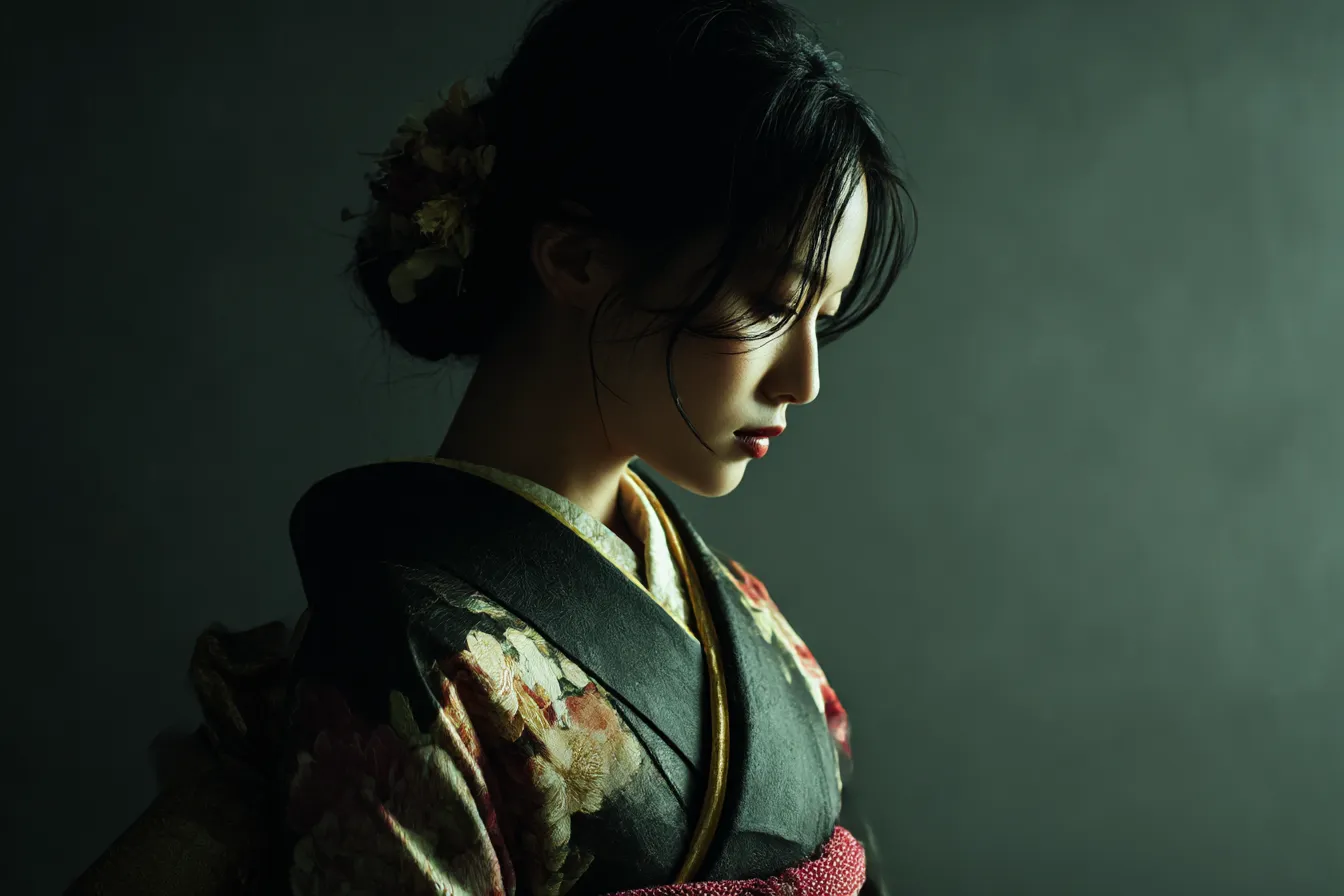 緑背景に佇む和装の女性｜深緑の背景に包まれた静かな構図。落ち着いた光の陰影が和装の女性の内面性を際立たせ、静謐で品のある印象を与える。