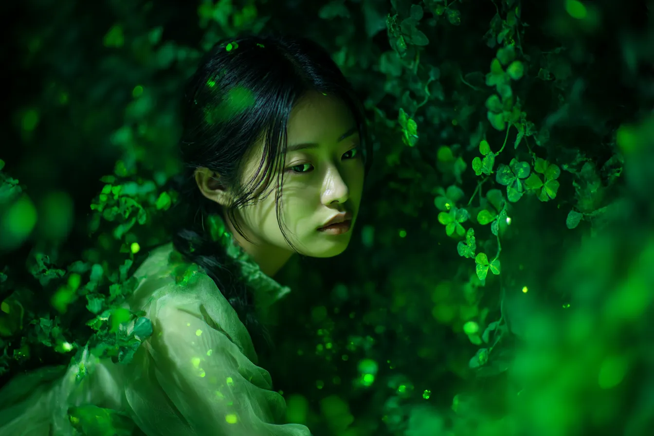 緑背景と幻想的な植物に囲まれた女性｜光る緑の植物に包まれた女性の姿が幻想的に描かれ、神秘性と自然美が調和した構成。夢と現実が交差するような雰囲気を持つ。