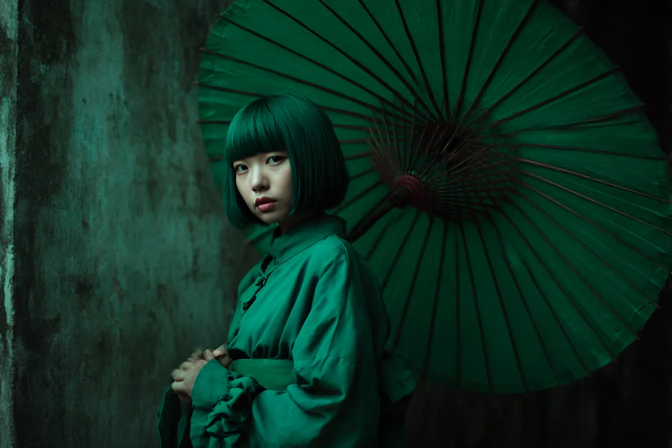緑背景と傘を差す女性｜ダークグリーンの背景に鮮やかな緑の装いと和傘が映える構図。非日常感と静けさを備えた、印象的な世界観を演出する。
