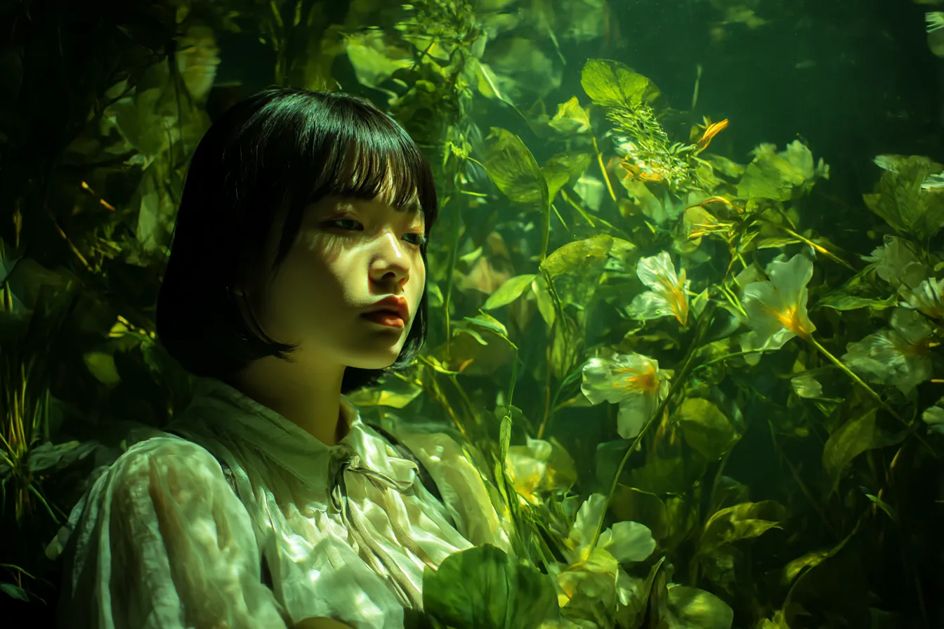 緑背景に咲く花と少女の横顔｜水中のような深い緑と光に包まれた花々の中に少女の横顔が浮かび、幻想と孤独が入り混じるアート的構成となっている。