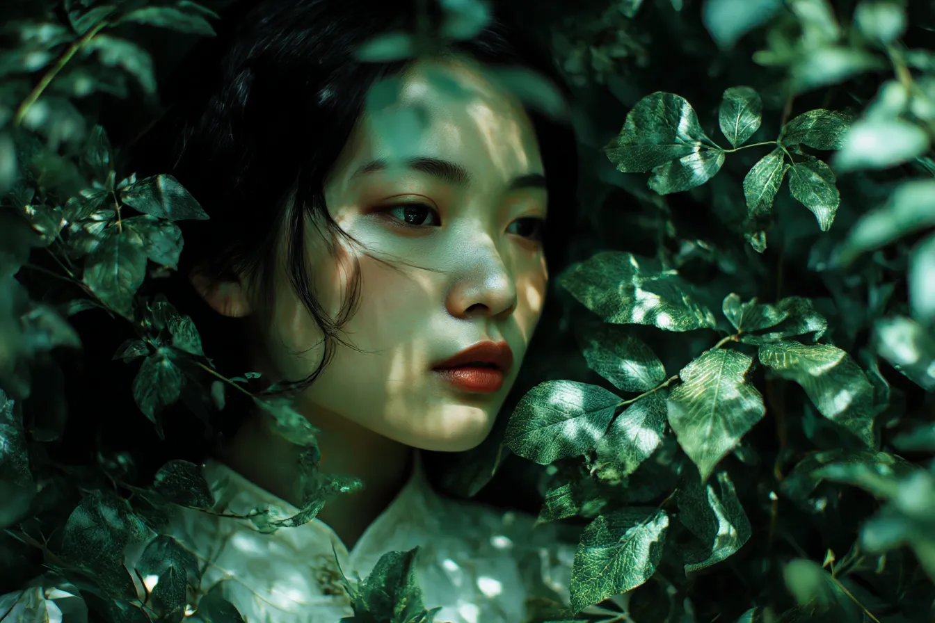 緑背景と木漏れ日の中の女性｜葉の影が肌に落ちる演出が特徴的で、自然の中で佇む女性の表情が際立つ。ナチュラルな美しさを感じさせる一枚。