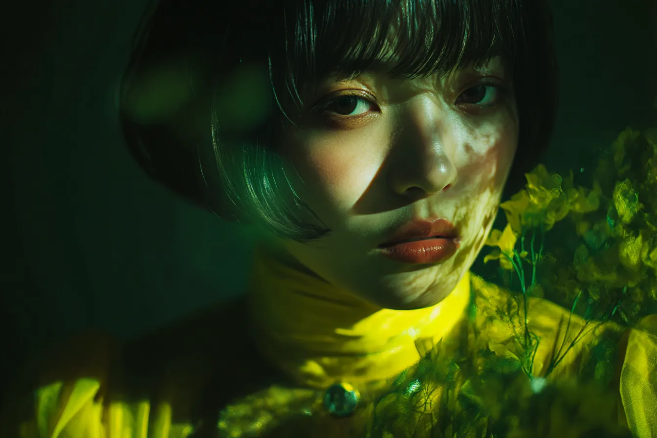 黄緑背景に浮かぶ女性の肖像｜鮮やかな黄緑の光と影が交差する中、女性の表情がクローズアップされた印象的な一枚。植物と一体化するような幻想的な雰囲気が特徴。