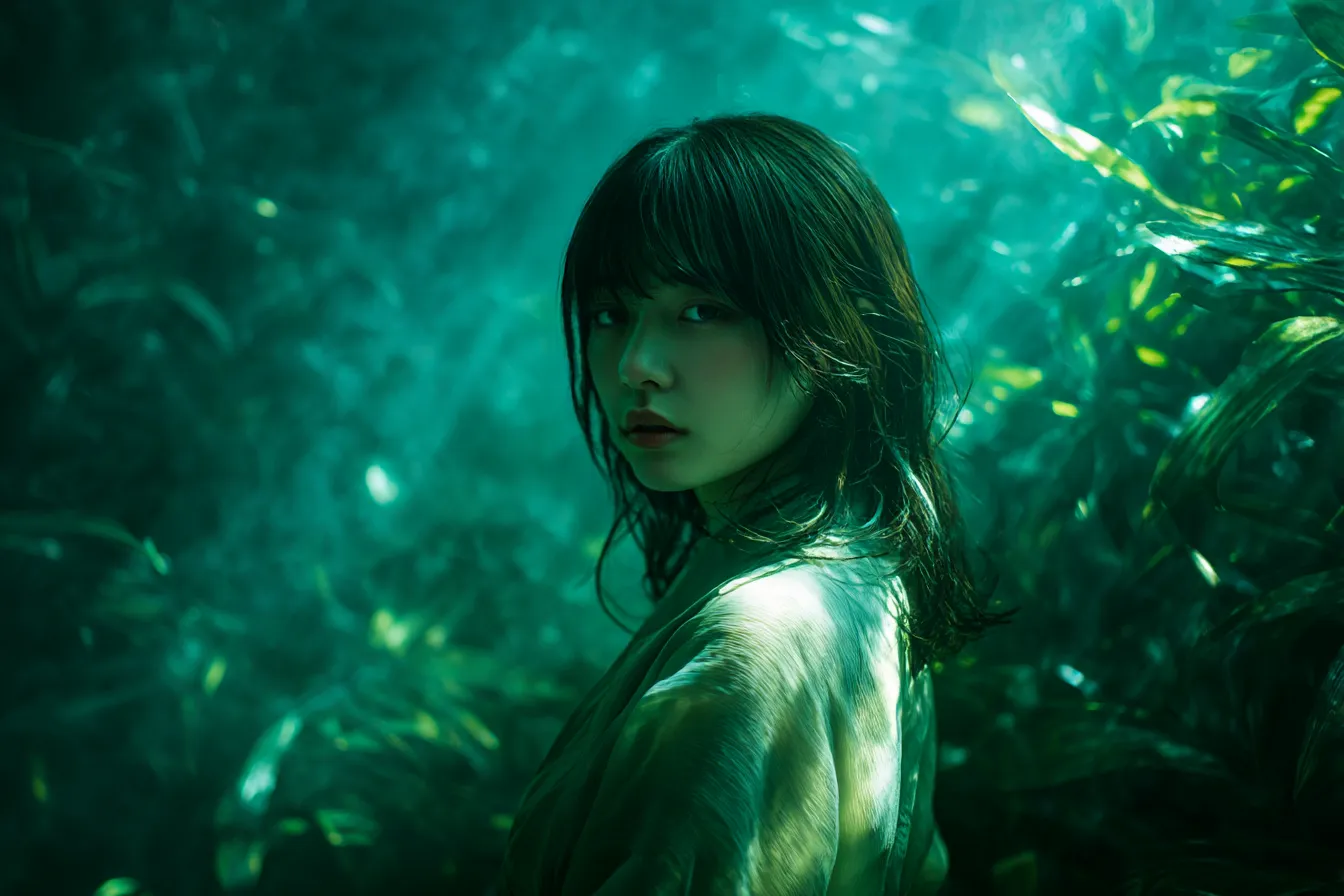 エメラルドグリーンの幻想世界｜エメラルドグリーンに包まれた水中のような空間に佇む女性。神秘的な光の演出が、夢と現実の狭間にいるような印象を与える。