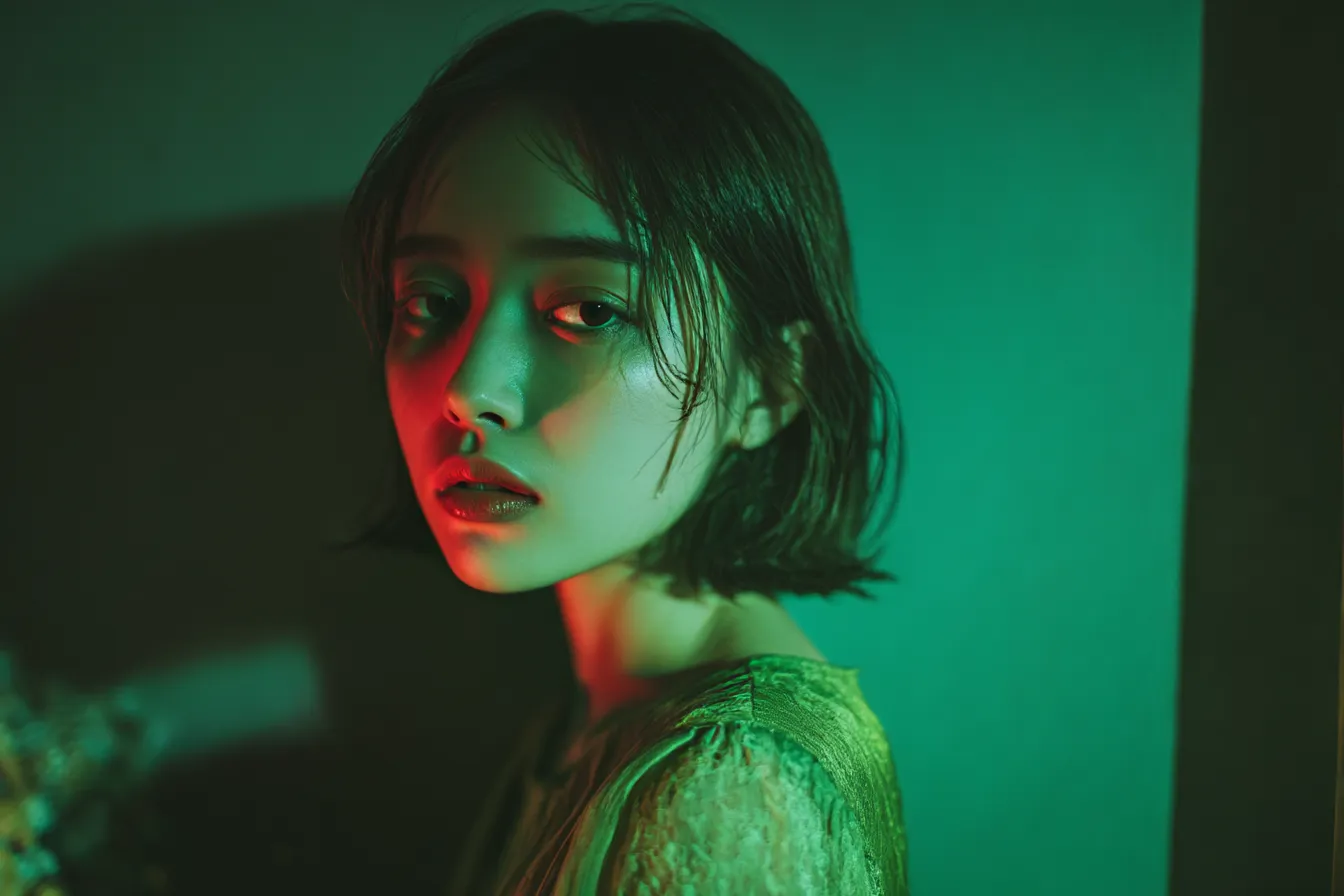ミントグリーンの静寂｜ミントグリーンと赤の光に照らされた女性のポートレート。静かな緊張感と幻想的な色彩が、見る者に強い印象を残す。