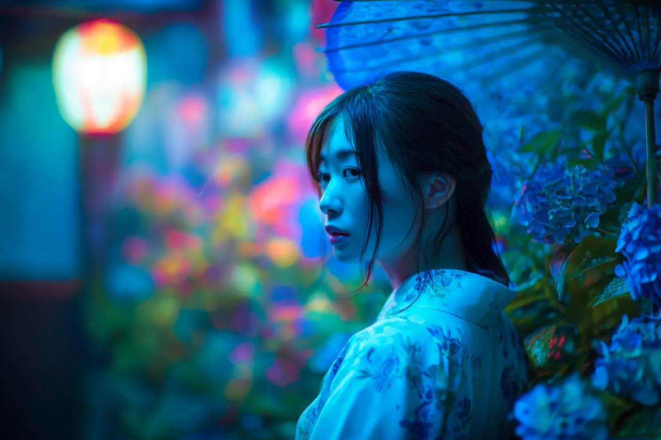 青の灯に佇む少女の背景｜鮮やかな提灯と花々に囲まれた「青」の光に照らされる横顔の少女をモチーフにした背景素材。光と影の繊細な対比が幻想的な雰囲気を醸し出します。