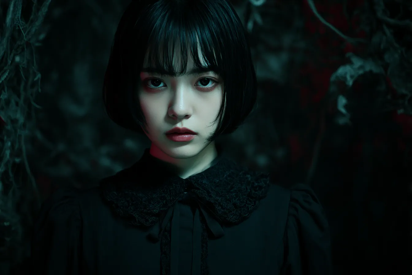 黒の少女と幻想背景の対話｜黒を基調とした装いの中に潜む意志の強さと、幻想的な背景が織りなす物語性。背景が感情の深度を引き立てる。