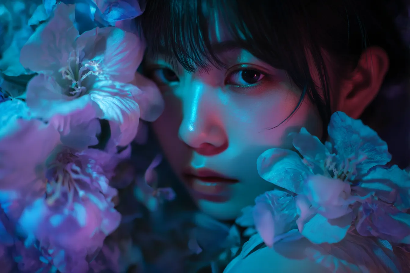 青花と見つめ合う瞳の背景｜花に囲まれた少女のクローズアップを中心とした構図で、肌と花びらに反射する「青」の彩光が神秘的な空気を演出しています。