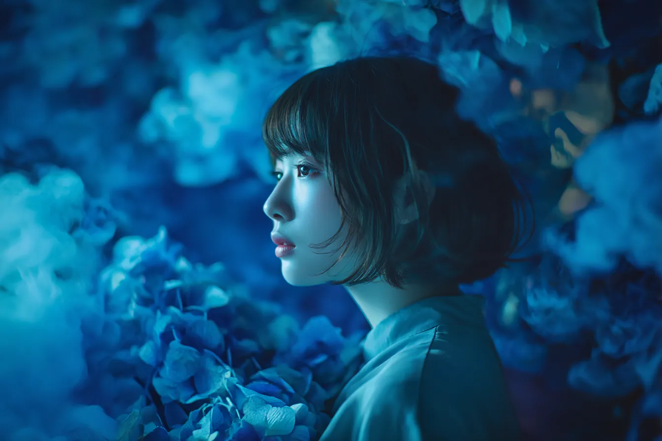 青の中に浮かぶ少女の背景｜深い青の世界に包まれた少女の横顔を描いた背景。立体感のある花々と柔らかな陰影が「背景」の奥行きを際立たせます。