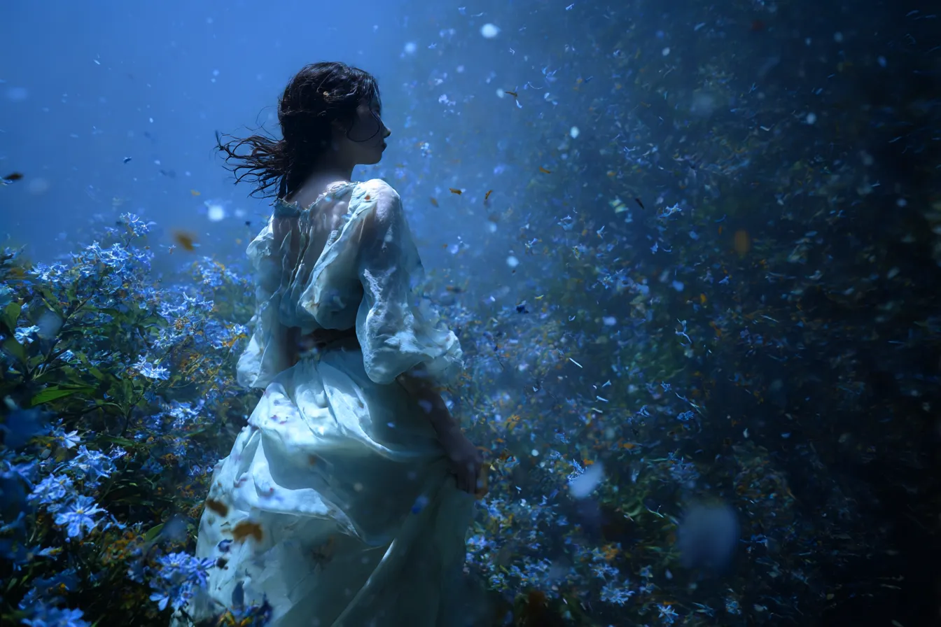 青い花野に佇む幻想少女の背景｜舞う花びらと風に揺れる白い衣が調和し、広がる花野の「青」に包まれた夢幻的な背景が物語性を高めます。