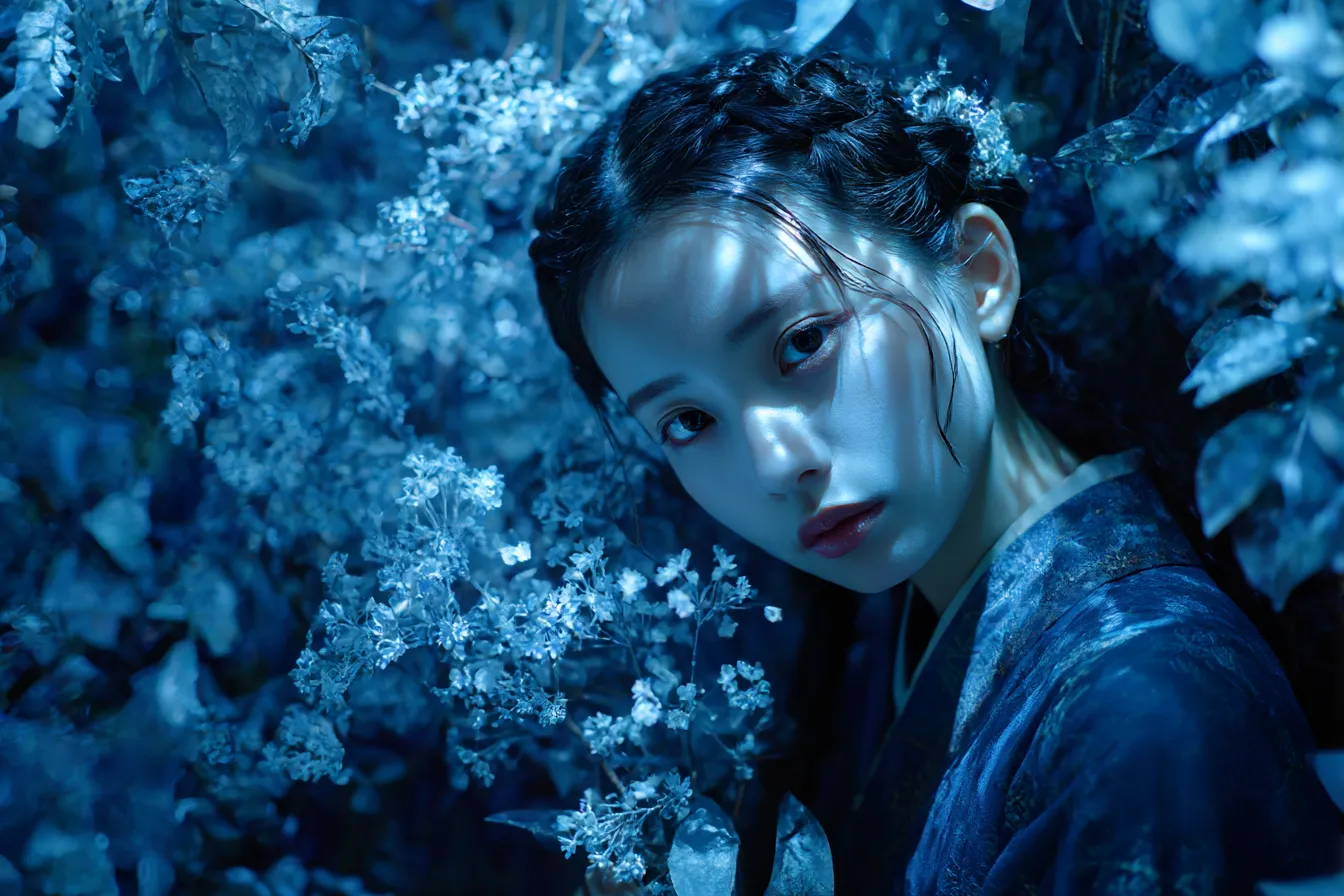 水色の花影に佇む女性の背景｜自然の葉と花に囲まれた女性が柔らかい光に照らされる構図で、水色の陰影が幻想的な雰囲気を生み出す背景素材です。
