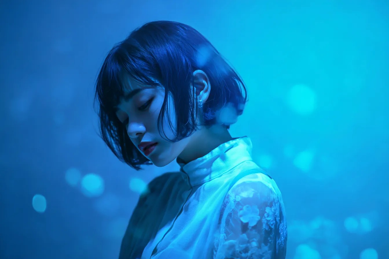 水色に染まる短髪少女の背景｜光の粒子とぼかしが重なり合う幻想的な画面で、短髪の少女が静かに佇む水色の世界観が背景全体に広がります。