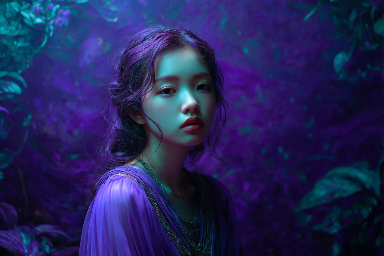 紫背景と静けさを纏う少女｜神秘的な紫のグラデーションに包まれた空間で、柔らかい視線の少女が幻想的な印象を残す紫背景のポートレート素材です。