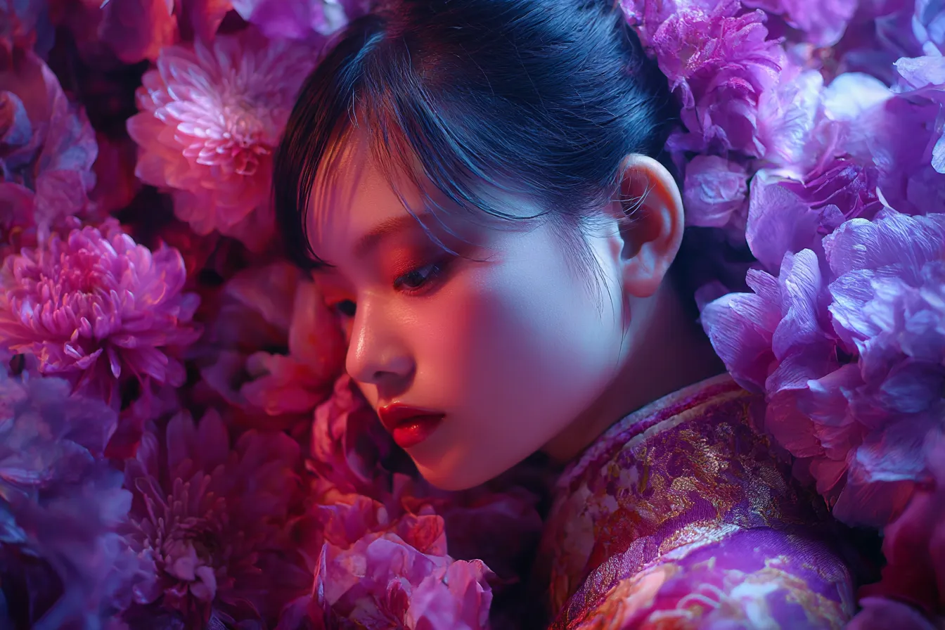 紫背景に咲く花と横顔の女性｜花々に囲まれた構図が華やかさを引き立て、肌の陰影と紫背景の光が調和した優雅な雰囲気の背景素材です。