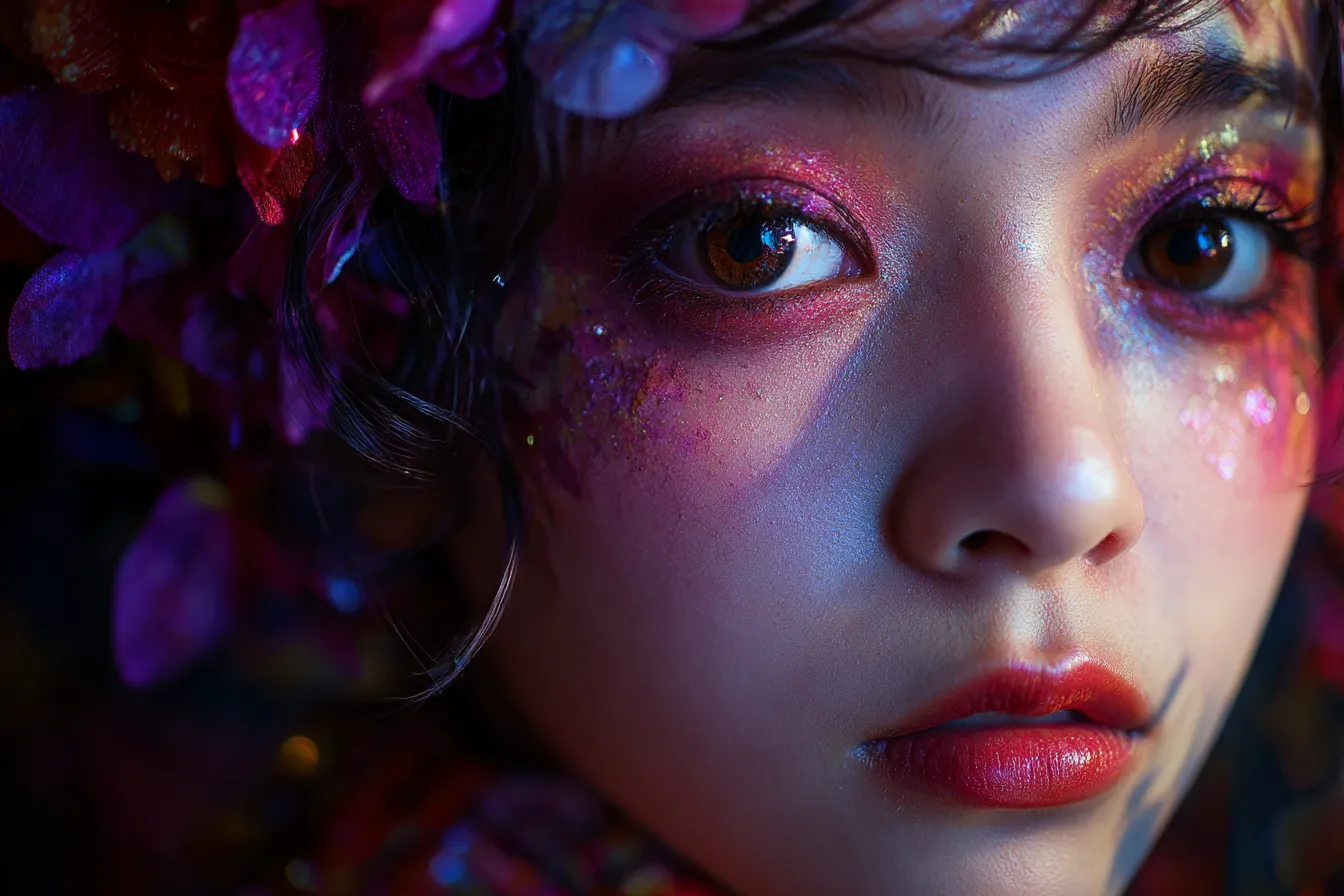 紫背景とアートメイクの少女｜グリッターとカラーメイクを施した少女のアップにより、紫背景とともにアーティスティックな世界観が全面に表現されています。