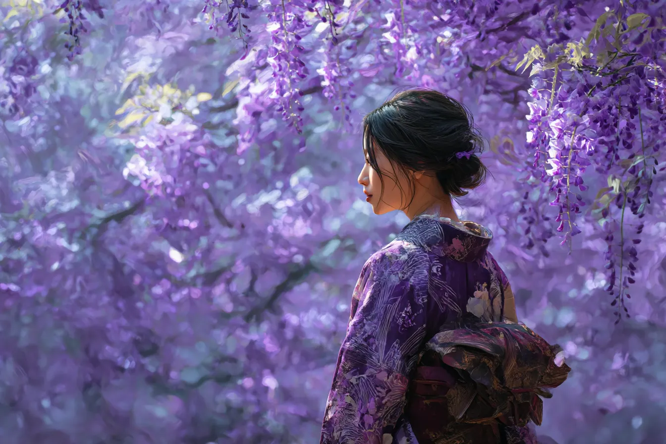 藤の紫背景と振り向く女性｜満開の藤の花が空間全体を彩り、和装の女性の佇まいが優美に映える紫背景が季節感を印象付けます。