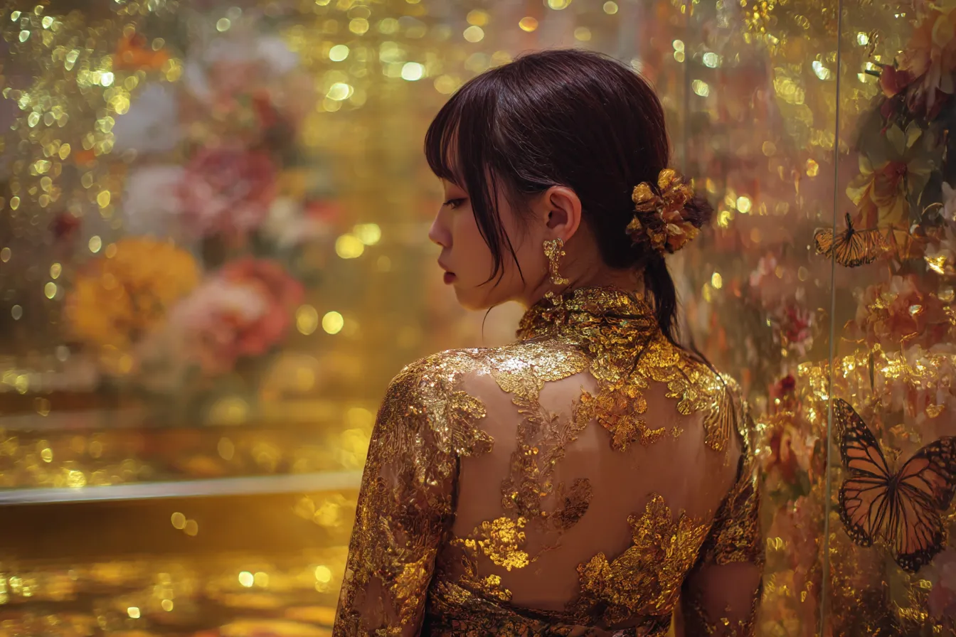 金色背景と振り向く女性の肖像｜ラメと反射光が溢れる空間にたたずむ女性の姿が、金色背景の中で上品に際立つ豪華絢爛な背景素材です。