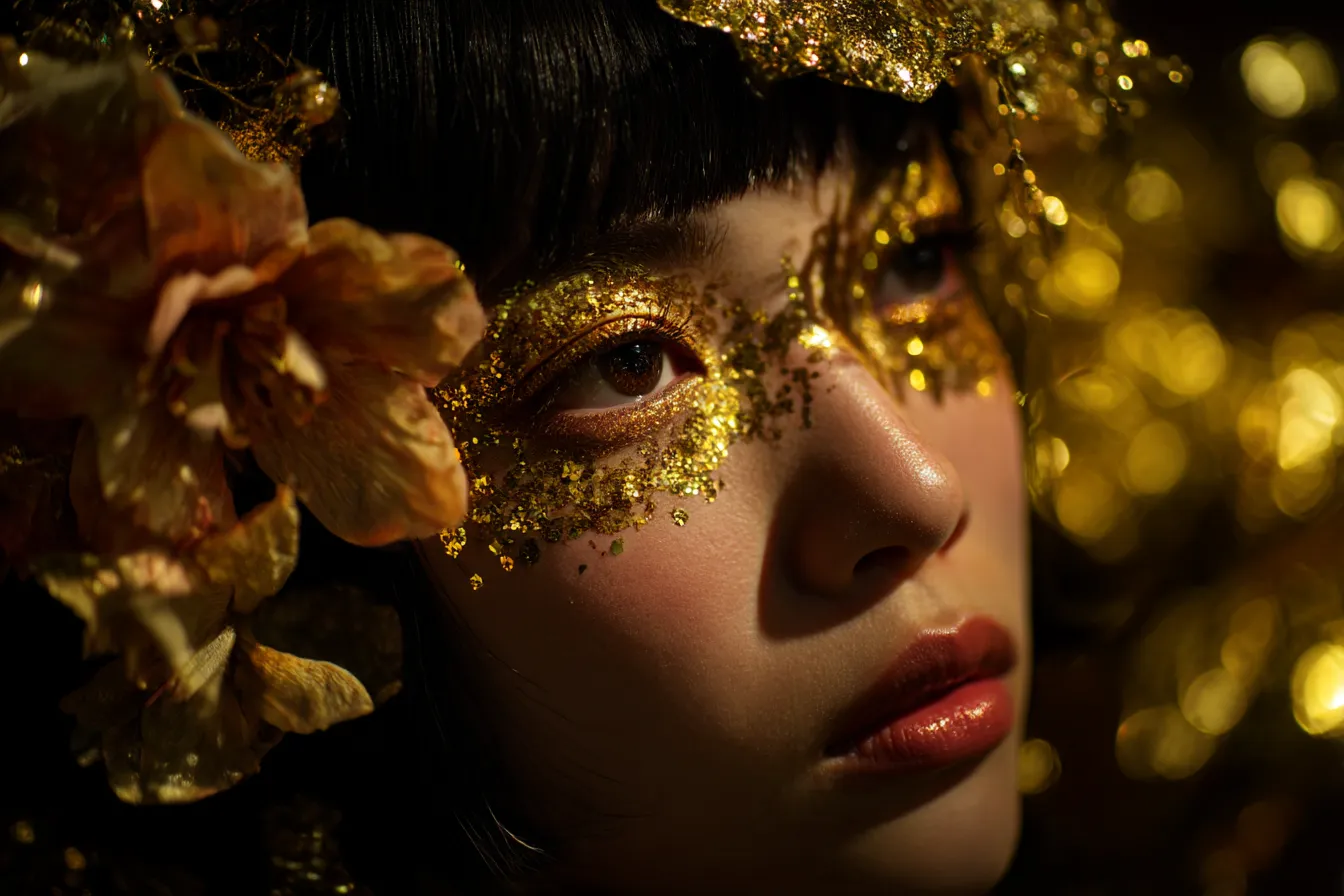 金色背景とマスク装飾の少女｜顔に施されたグリッターと花飾りが印象的な構成で、金色背景が幻想的で舞台美術のような魅力を放っています。