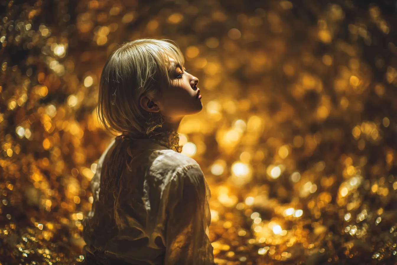 金色背景に佇む金髪の少女｜やわらかく広がる光のボケと少女の静かな表情が調和し、金色背景が高級感と神秘性を演出する素材です。