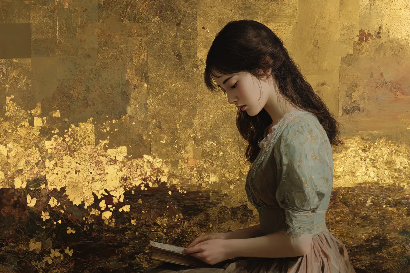 金色背景と読書する女性の情景｜絵画のようなタッチで描かれた金色背景と女性の落ち着いた所作が、静謐さとクラシックな趣を感じさせる背景素材です。
