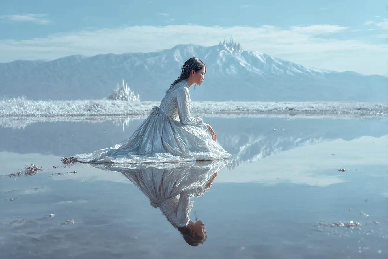 銀色背景と水鏡に映る少女｜湖面に反射する城と少女の姿が詩的に描かれ、幻想世界を思わせる銀色背景が広がる静謐なイメージ素材です。