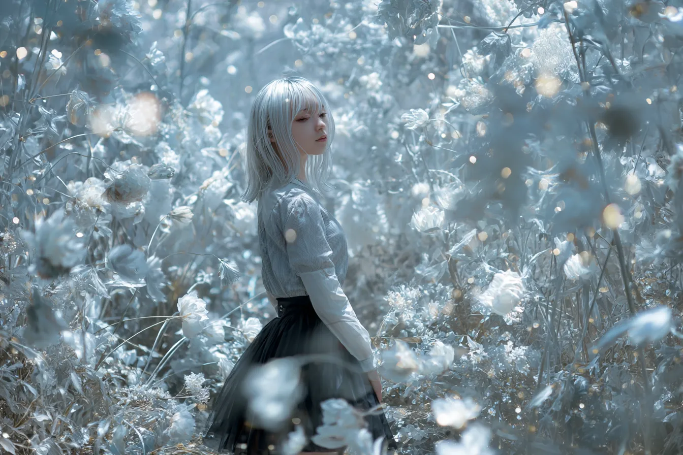 銀色背景と白髪の少女と花園｜光に包まれた花々の中に立つ白髪の少女が、透明感と浮遊感を纏い、銀色背景が幻想的な深みを添えています。