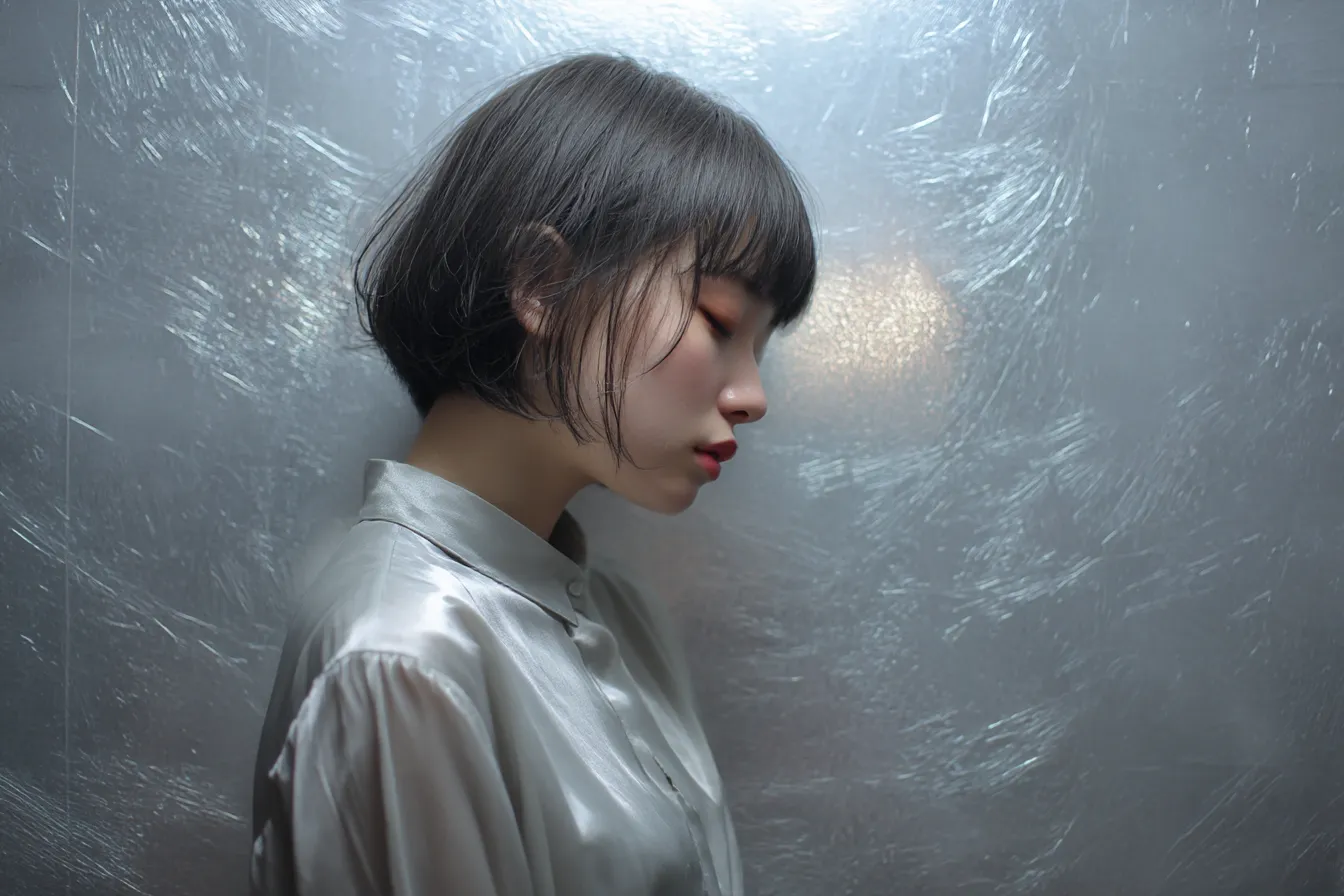 銀色背景と伏し目がちの女性｜メタリックな壁面が印象的な構図で、シルクの質感と相まって銀色背景が都会的で静かな印象を与える素材です。