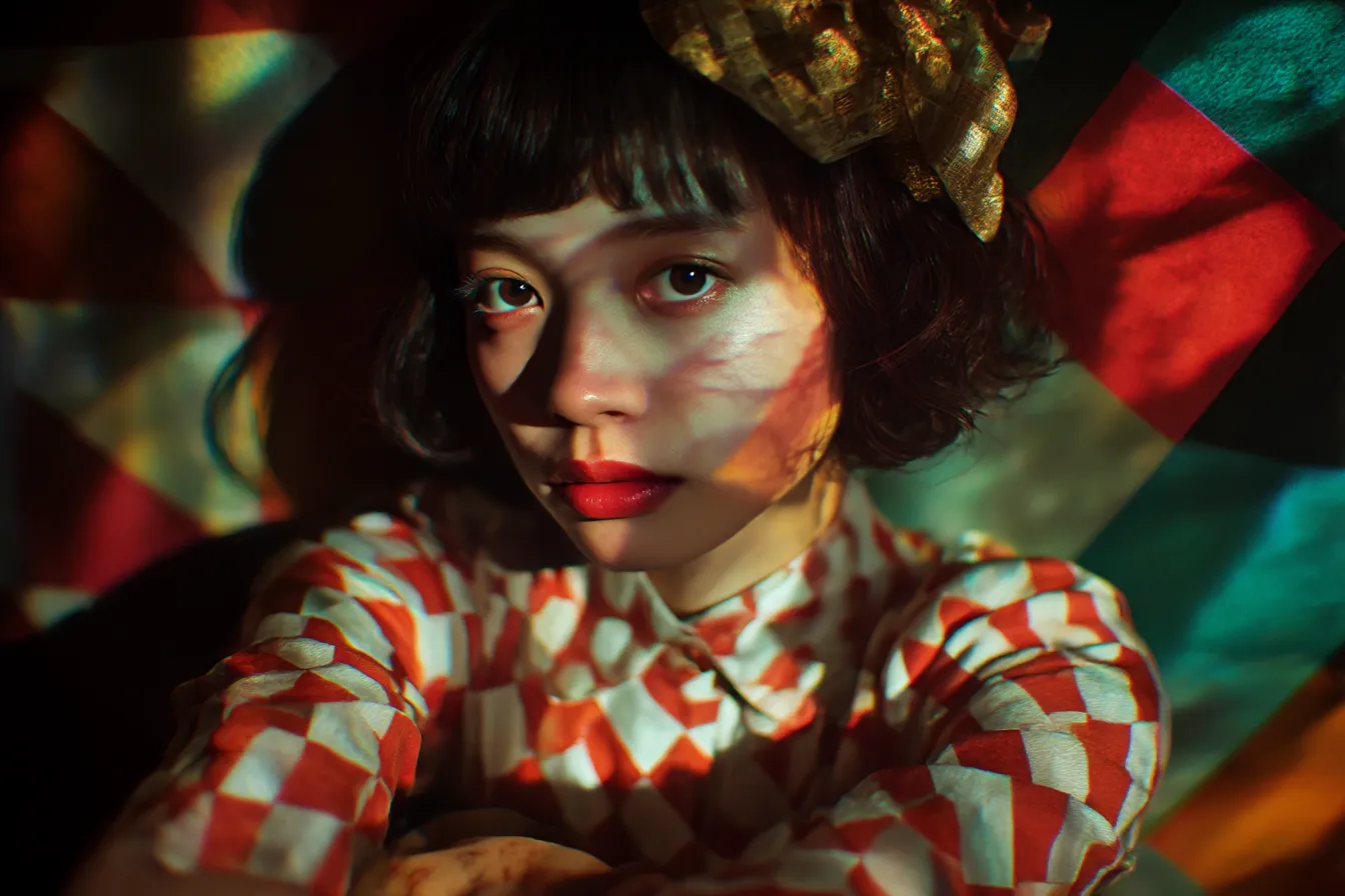 チェック柄背景とリボンの少女｜幾何学的な光と影が織りなす中、チェック柄の服と背景が融合し、レトロポップな演出が印象的な背景素材です。